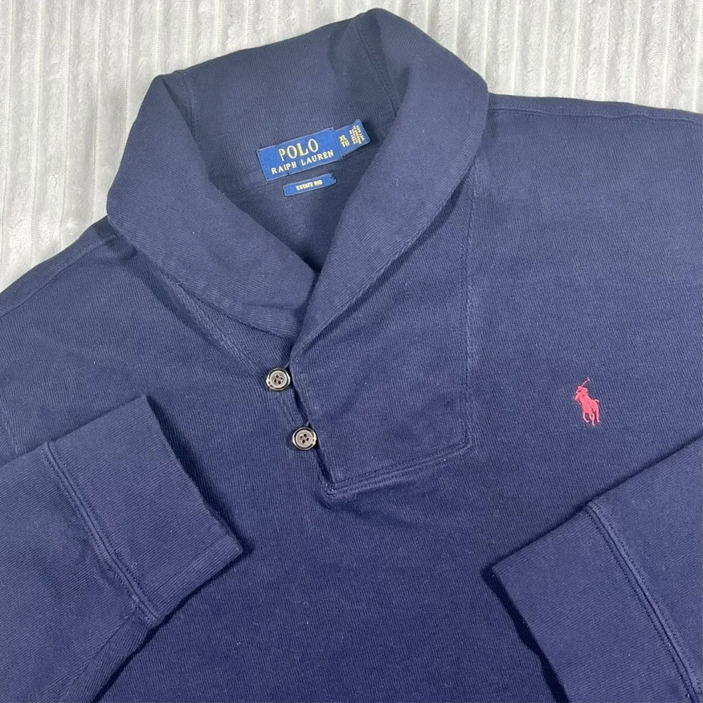 Polo Ralph Lauren Estate Rib Shawl Neck Pullover Sweater Men's XL Navy Preppy‎